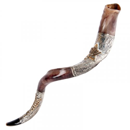 Sterling Silver Decorated Yemenite Shofar - Menorah and Star of David