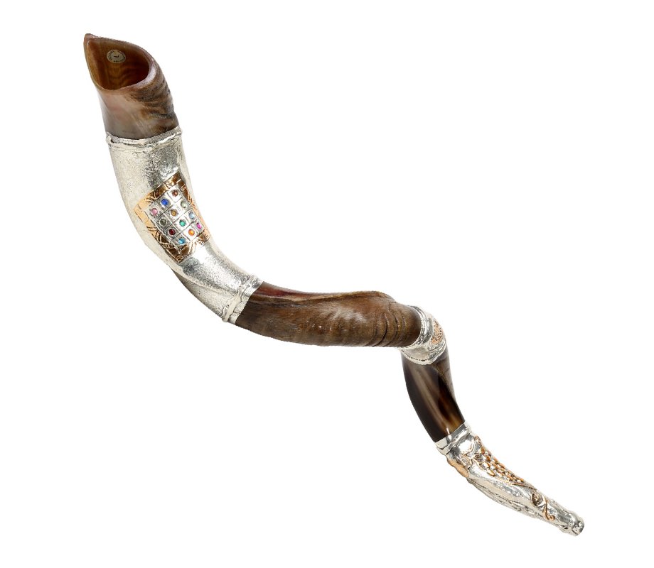 Sterling Silver Decorated Yemenite Shofar -Breastplate, Menorah, Olive Design
