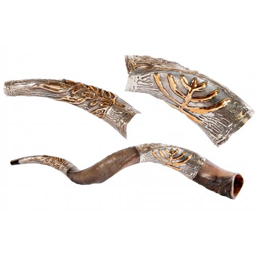 Sterling Silver Decorated Yemenite Shofar -Gold Menorah