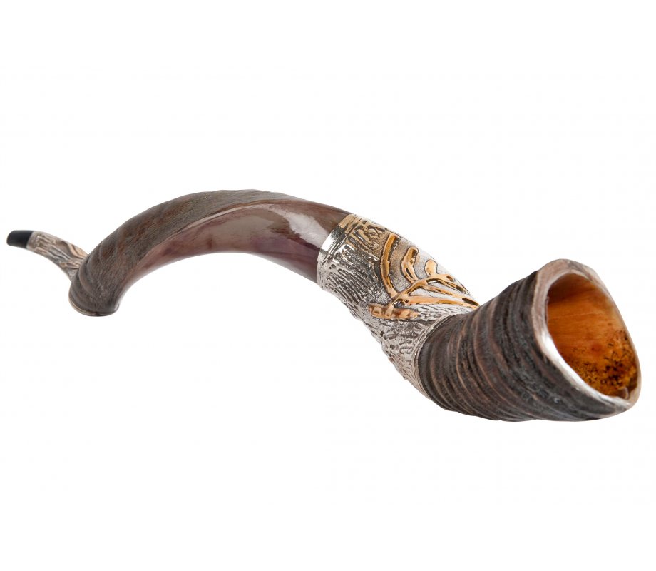 Sterling Silver Decorated Yemenite Shofar -Gold Menorah