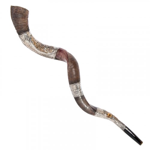 Sterling Silver Decorated Yemenite Shofar -Pomegranates and Jerusalem