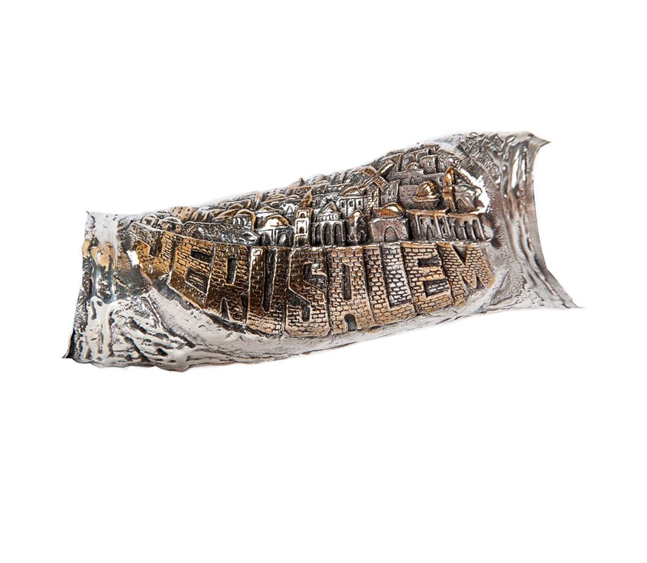 Sterling Silver Decorated Yemenite Shofar -Pomegranates and Jerusalem