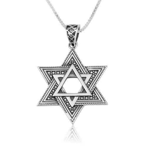 Sterling Silver Double Star of David Pendant Necklace  Smooth and Beaded Design