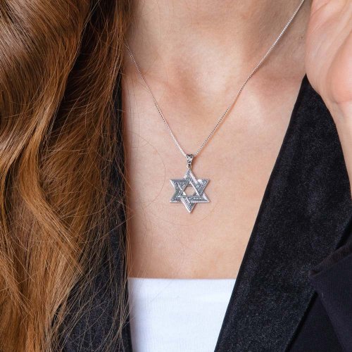 Sterling Silver Double Star of David Pendant Necklace  Smooth and Beaded Design