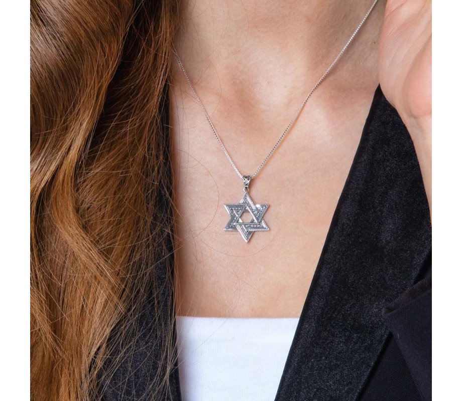 Sterling Silver Double Star of David Pendant Necklace – Smooth and Beaded Design