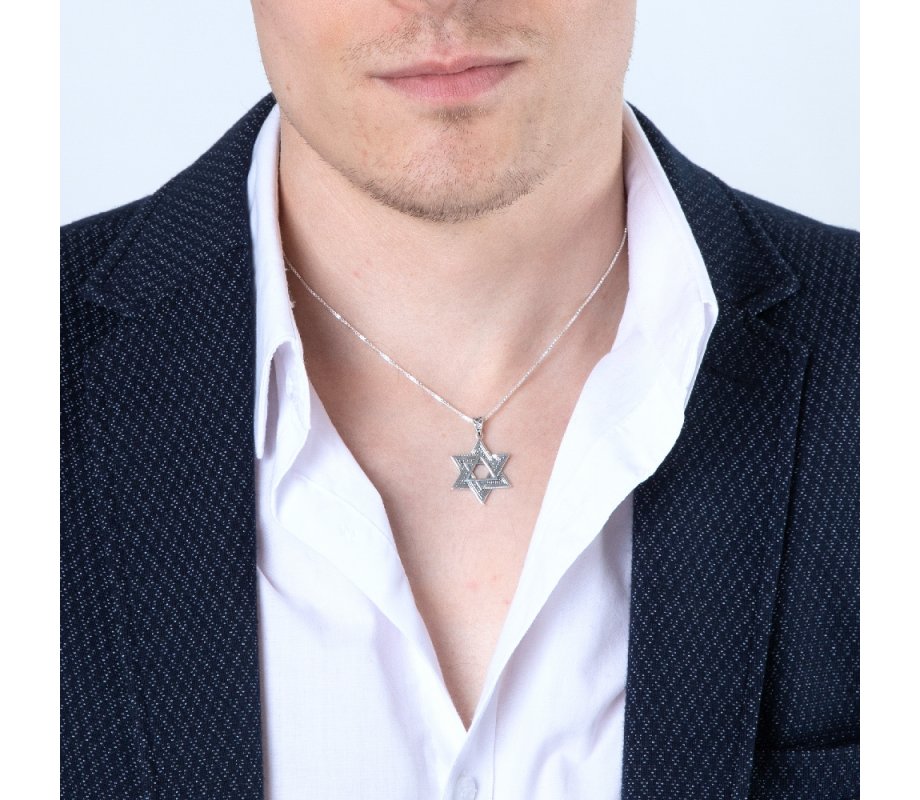 Sterling Silver Double Star of David Pendant Necklace – Smooth and Beaded Design