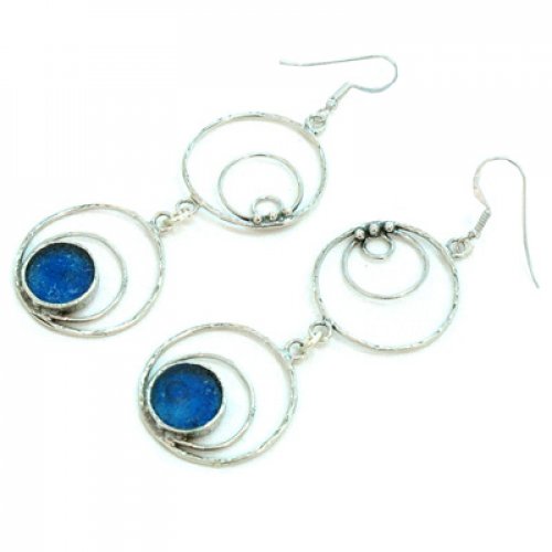 Sterling Silver Drop Earrings, Concentric Circles and Roman Glass - Michal Kirat