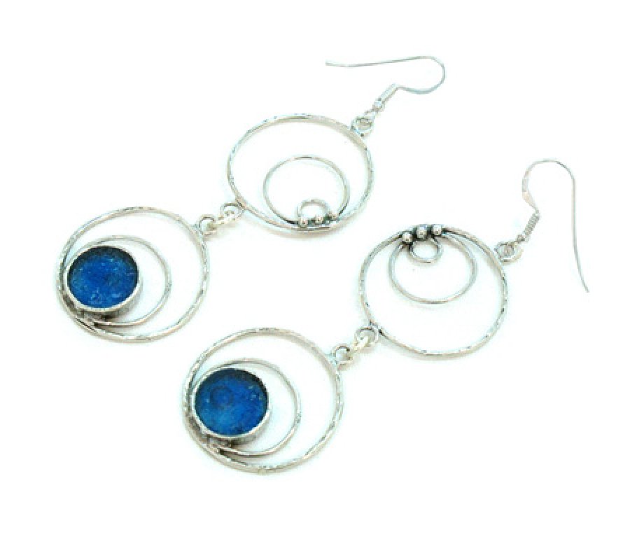 Sterling Silver Drop Earrings, Concentric Circles and Roman Glass - Michal Kirat