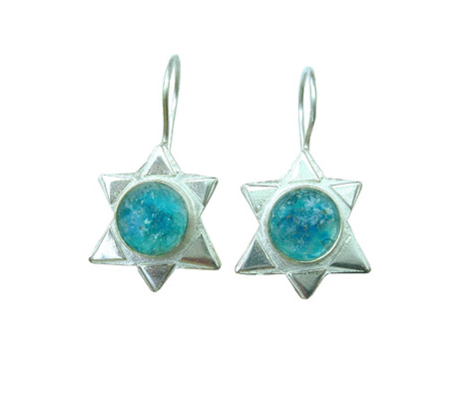 Sterling Silver Drop Earrings, Star of David with Roman Glass Center - Michal Kirat