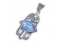 Sterling Silver Filigree Hamsa Pendant Necklace with Roman Glass Eye
