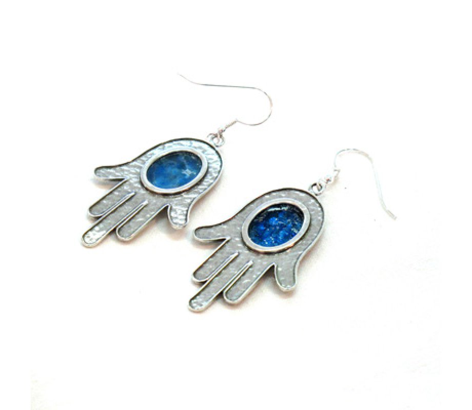 Sterling Silver Hamsa Drop Earrings with Roman Glass Center - Michal Kirat