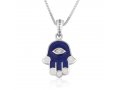 Sterling Silver Hamsa Pendant Necklace  Blue Sapphire with Zircon Protective Eye