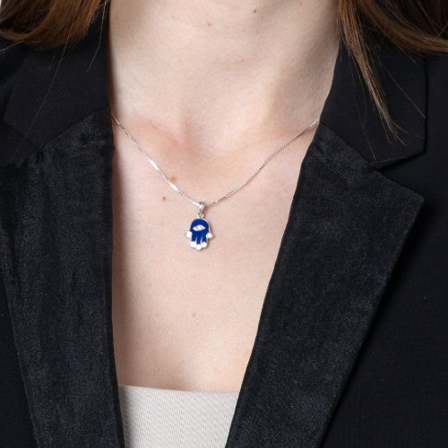 Sterling Silver Hamsa Pendant Necklace  Blue Sapphire with Zircon Protective Eye