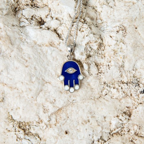 Sterling Silver Hamsa Pendant Necklace  Blue Sapphire with Zircon Protective Eye