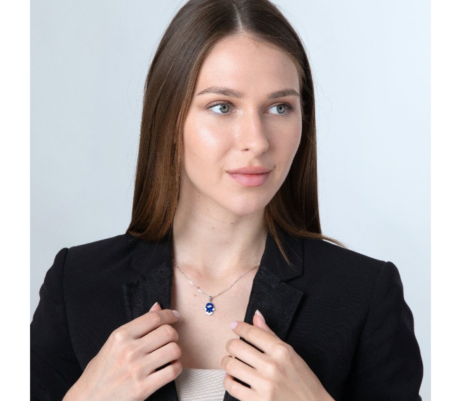 Sterling Silver Hamsa Pendant Necklace – Blue Sapphire with Zircon Protective Eye