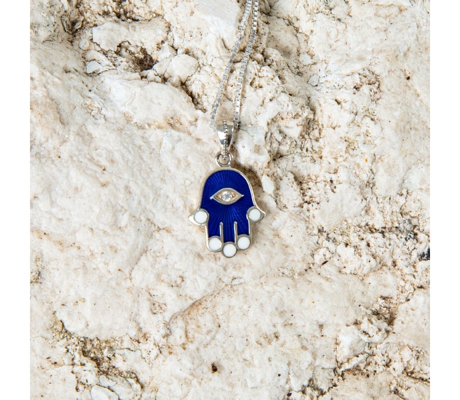Sterling Silver Hamsa Pendant Necklace – Blue Sapphire with Zircon Protective Eye