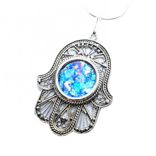 Sterling Silver Hamsa Pendant Necklace with Open Filigree and Roman Glass