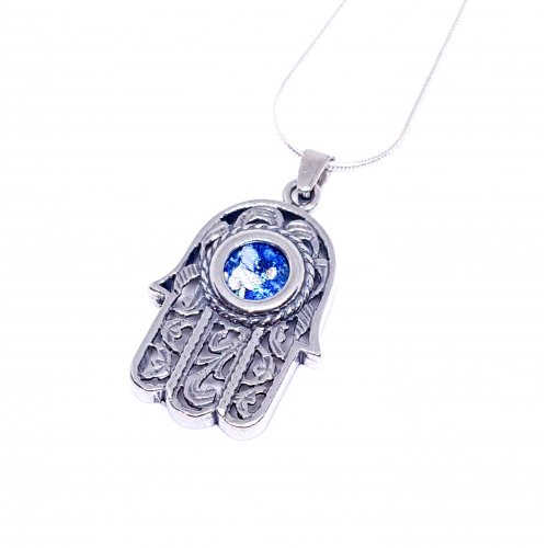 Sterling Silver Hamsa Pendant Necklace with Roman Glass and Curving Filigree