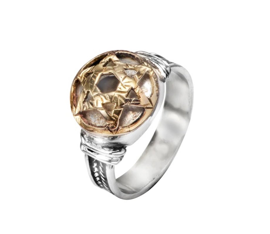 Sterling Silver Kabbalah Ring with Gold Star of David and Hidden Five Metals - Ha'ari