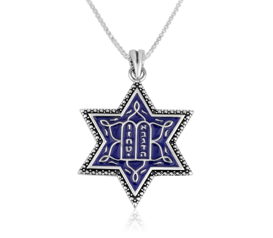 Sterling Silver Necklace - Blue Enamel Pendant with Ten Commandments on Star of David