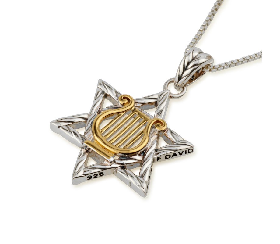 Sterling Silver Necklace - Pendant with Gold Plated David's Lyre on Star of David