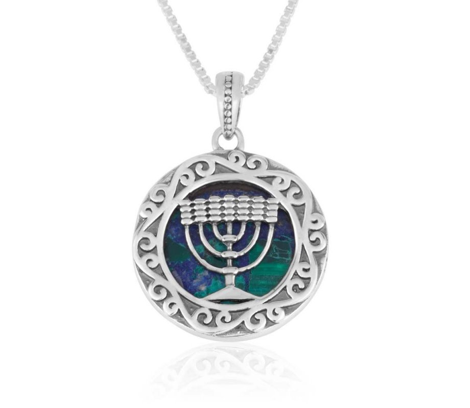 Sterling Silver Necklace - Round Pendant with Temple Menorah and Eilat Stone