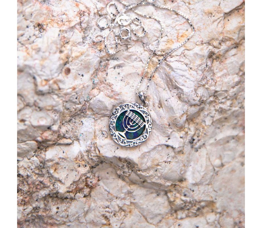 Sterling Silver Necklace - Round Pendant with Temple Menorah and Eilat Stone