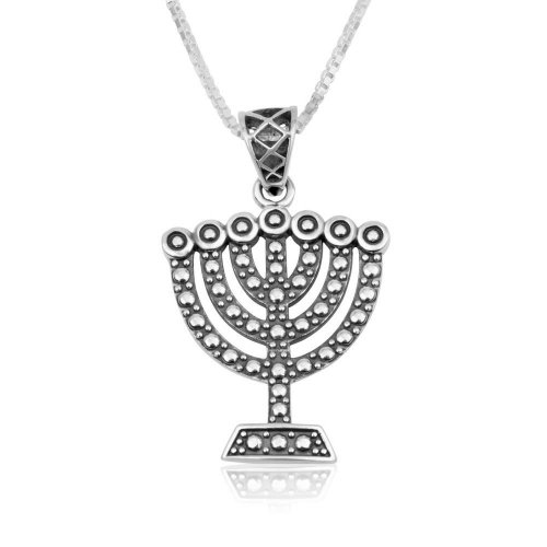 Sterling Silver Necklace  Seven Branch Temple Menorah Pendant  Bead Artwork Design