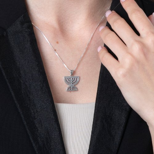 Sterling Silver Necklace, Double Temple Menorah Pendant - Bead Artwork Design