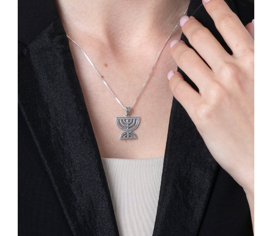 Sterling Silver Necklace, Double Temple Menorah Pendant - Bead Artwork Design
