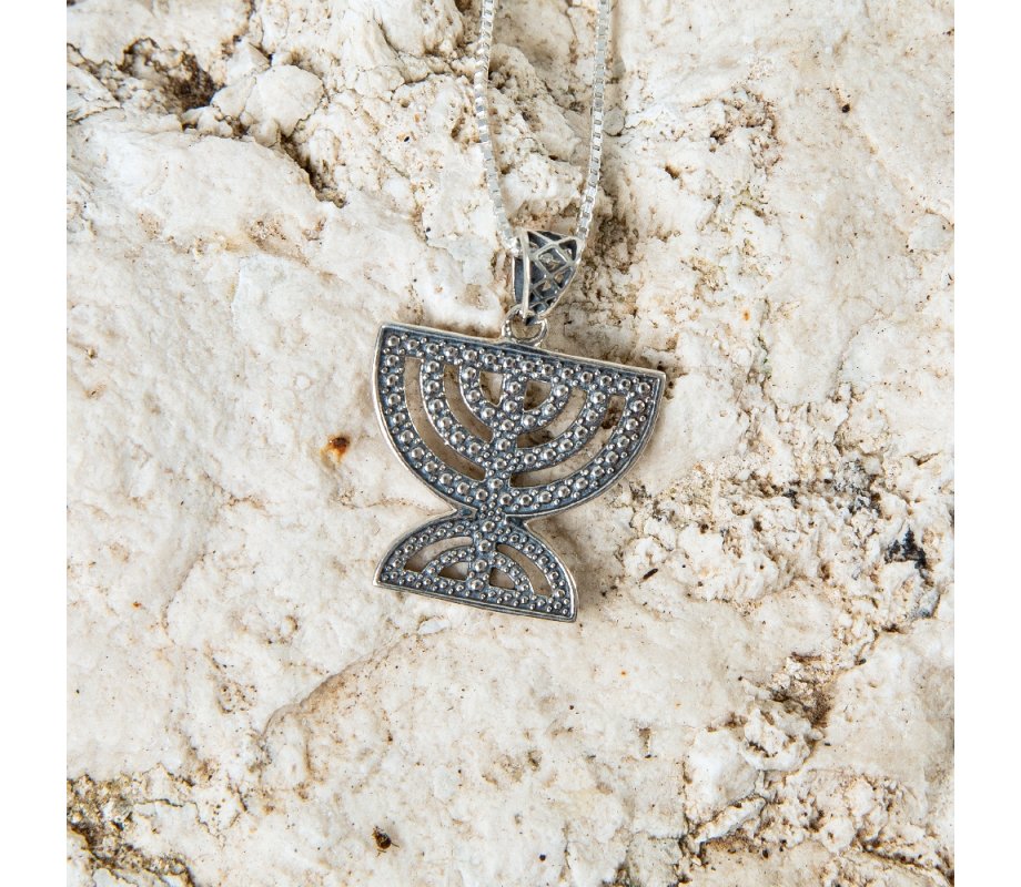Sterling Silver Necklace, Double Temple Menorah Pendant - Bead Artwork Design