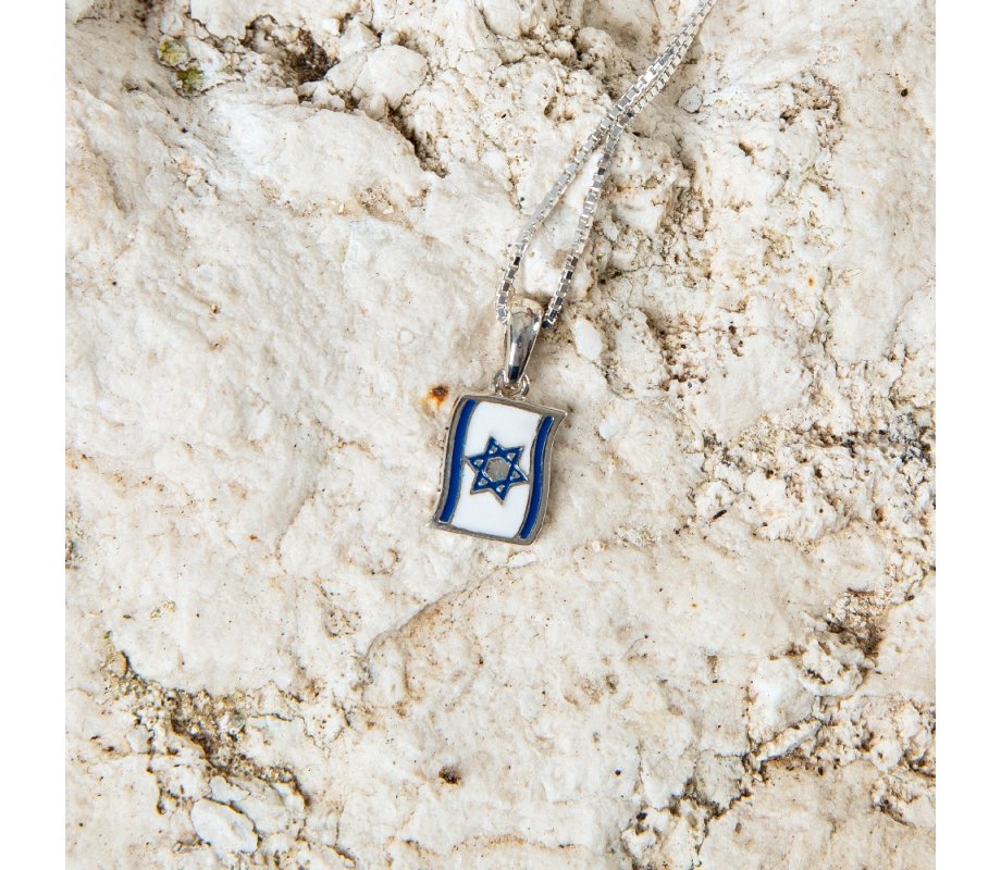 Sterling Silver Necklace, Pendant with Blue and White Star of David on Flag of Israel