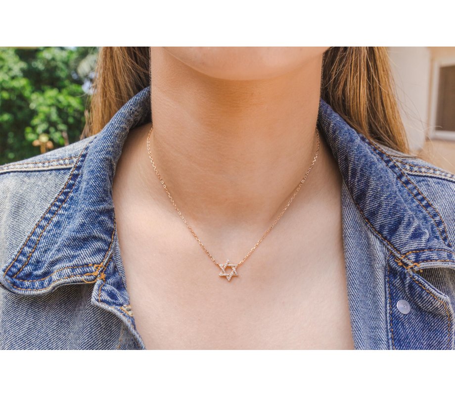 Sterling Silver Necklace, Plated with Rose Gold - Star of David Pendant with Zircons