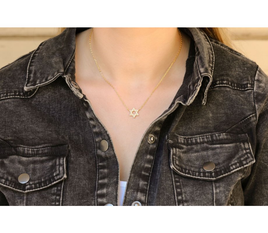 Sterling Silver Necklace, Plated with Yellow Gold - Star of David Pendant with Zircons