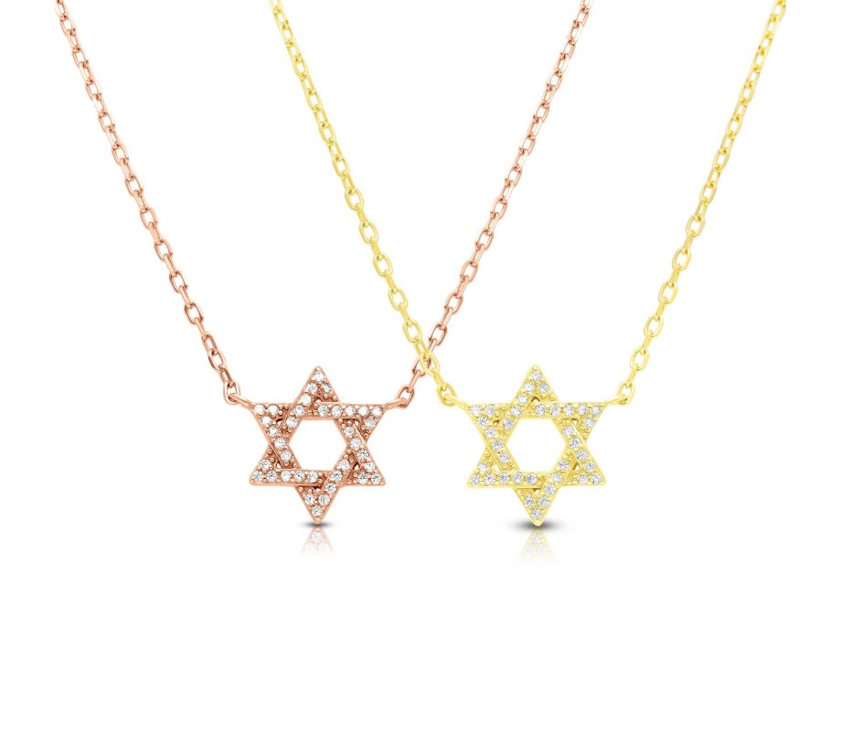 Sterling Silver Necklace, Plated with Yellow Gold - Star of David Pendant with Zircons