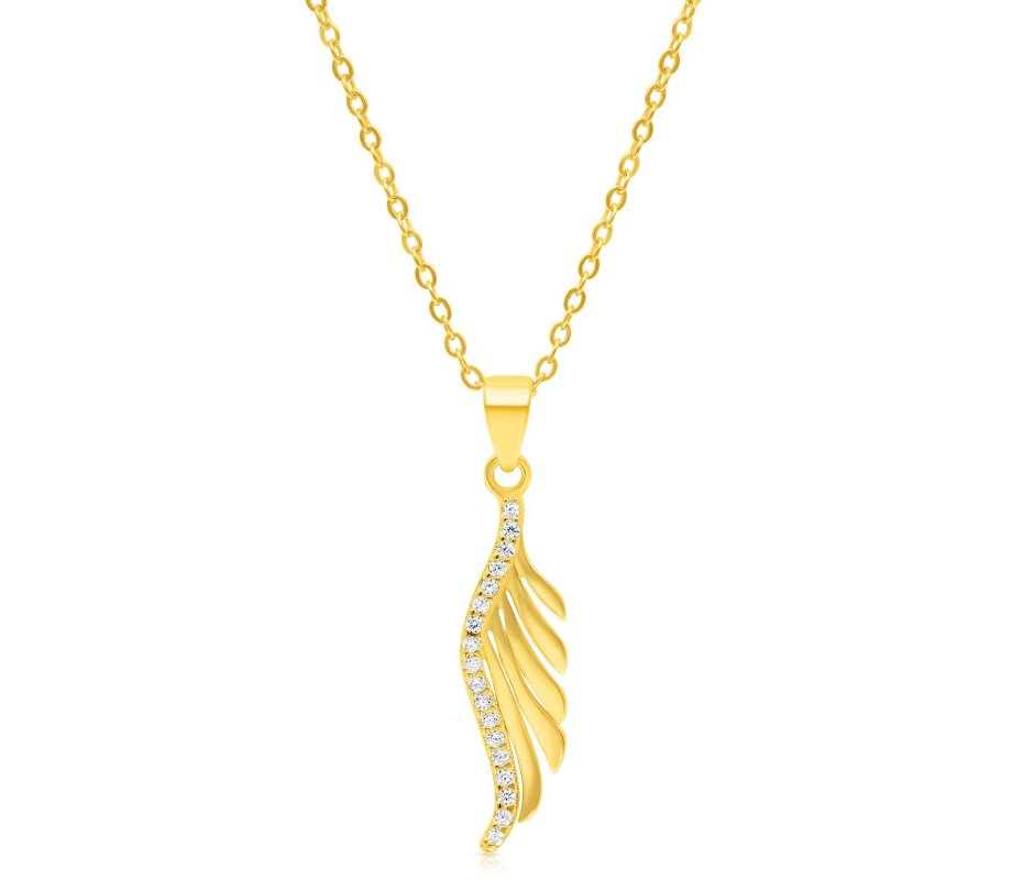 Sterling Silver Necklace Plated with Yellow Gold, Zircon Decorated Leaf Pendant