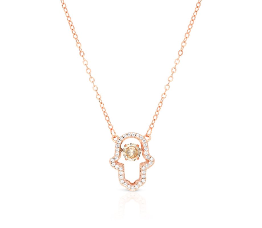 Sterling Silver Necklace, Rose Gold Plated – Hamsa Hand Pendant with Glittering Zircons