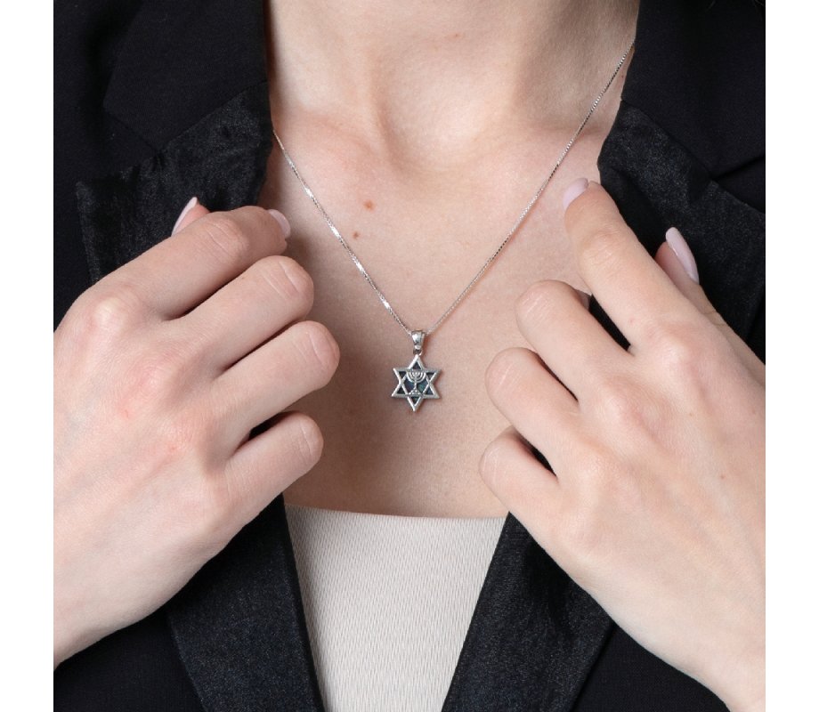 Sterling Silver Necklace, Star of David Pendant with 7-Branch Menorah and Eilat Stone