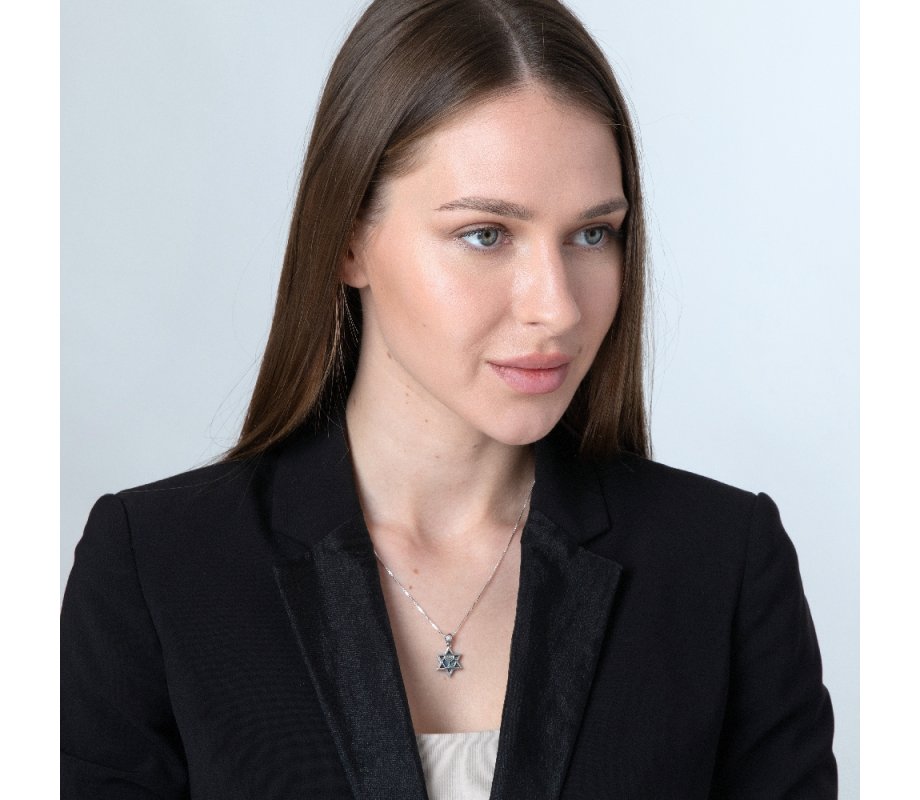 Sterling Silver Necklace, Star of David Pendant with 7-Branch Menorah and Eilat Stone