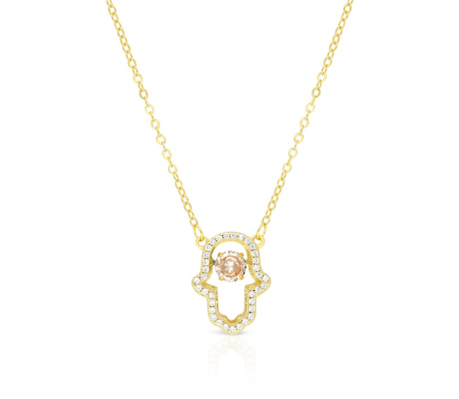 Sterling Silver Necklace, Yellow Gold Plated – Hamsa Hand Pendant with Zircons