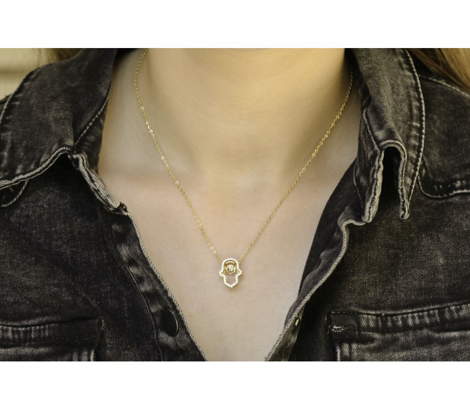 Sterling Silver Necklace, Yellow Gold Plated – Hamsa Hand Pendant with Zircons