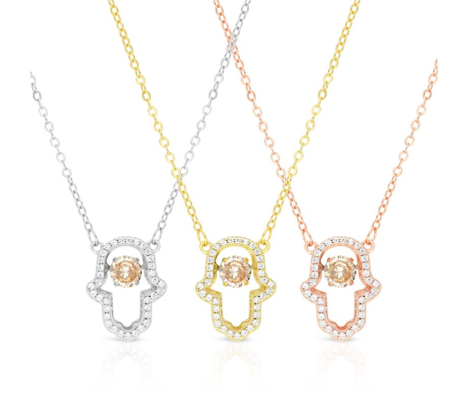 Sterling Silver Necklace, Yellow Gold Plated – Hamsa Hand Pendant with Zircons