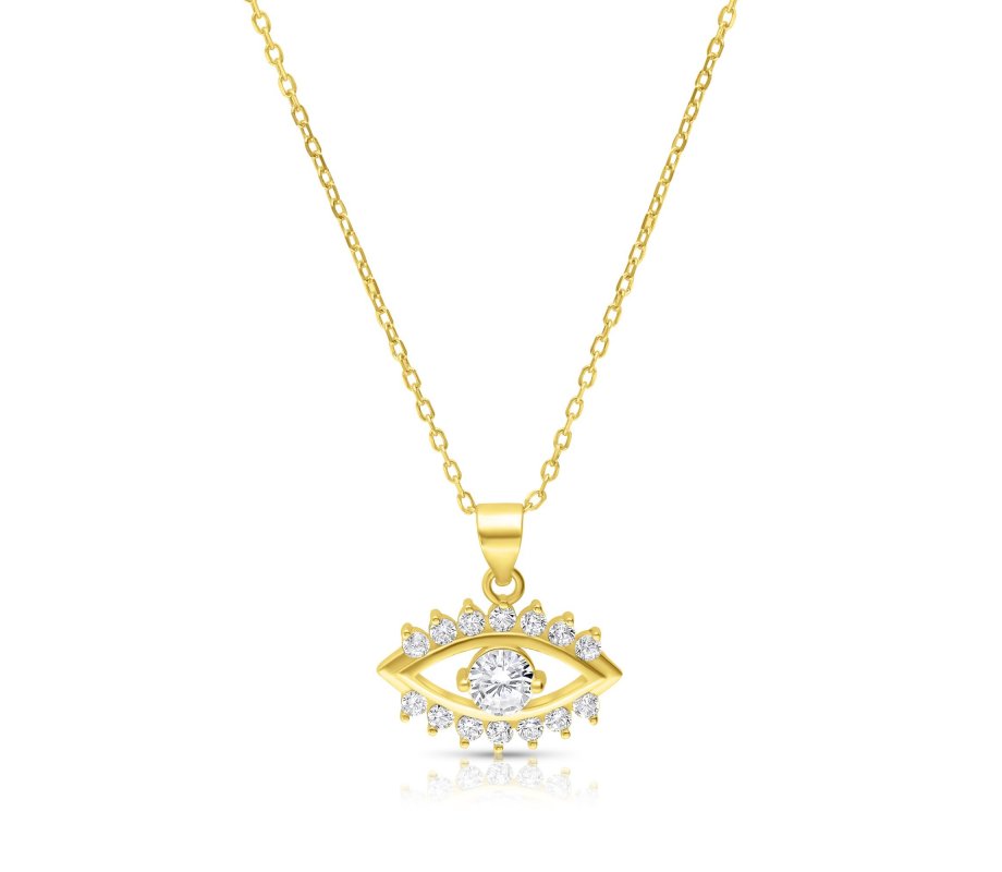 Sterling Silver Necklace Yellow Gold Plated, Zircons - Charm Pendant of Evil Eye