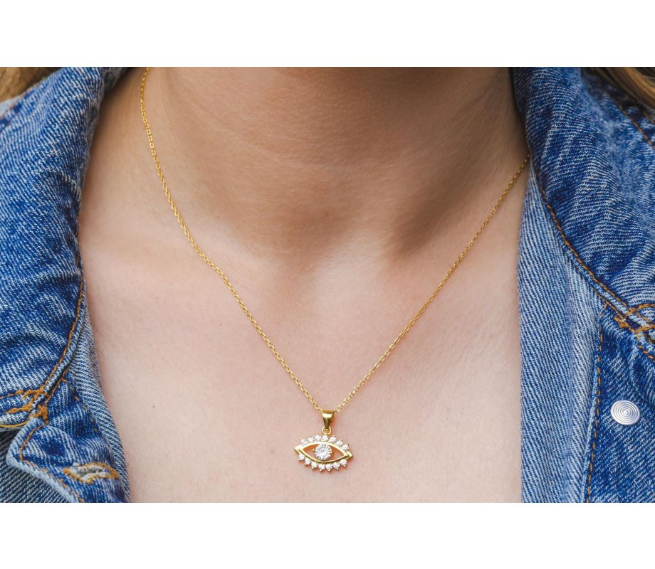 Sterling Silver Necklace Yellow Gold Plated, Zircons - Charm Pendant of Evil Eye