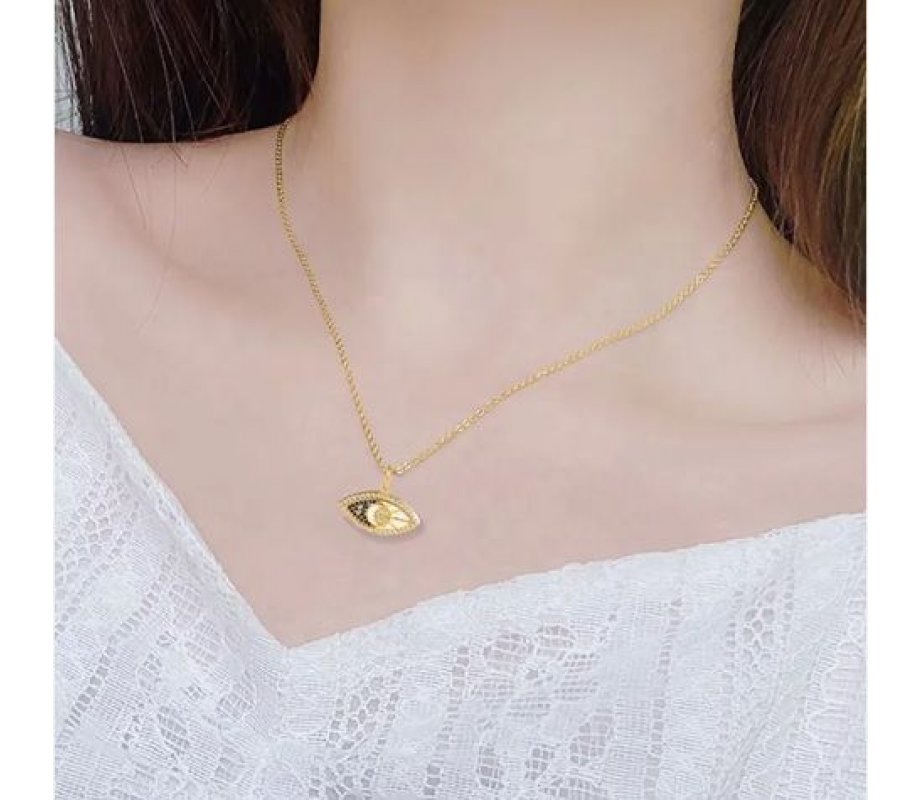 Sterling Silver Necklace Yellow Gold Plated, Zircons - Evil Eye Pendant on Enamel