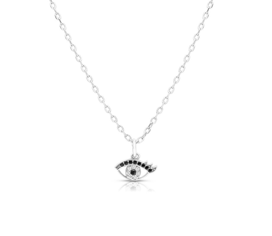 Sterling Silver Necklace with Evil Eye Charm Pendant - Blue and White Zircons