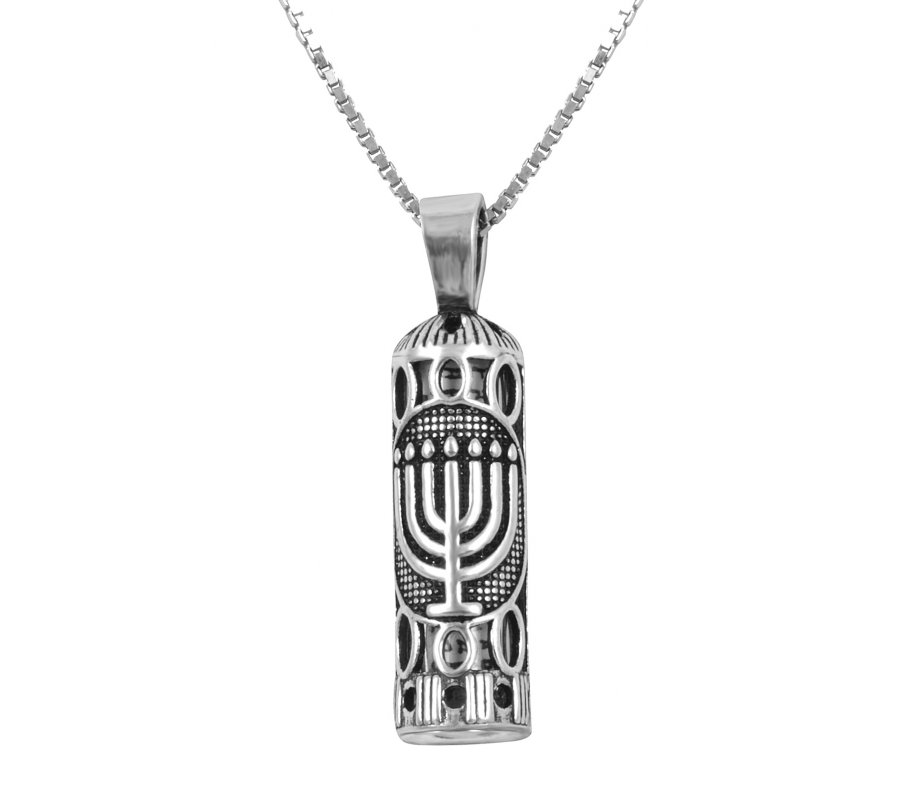 Sterling Silver Necklace with Mezuzah Pendant - Menorah Design