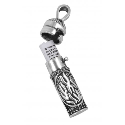 Sterling Silver Necklace with Mezuzah and Scroll Pendant HaEsh Sheli - My Fire & Hamsa