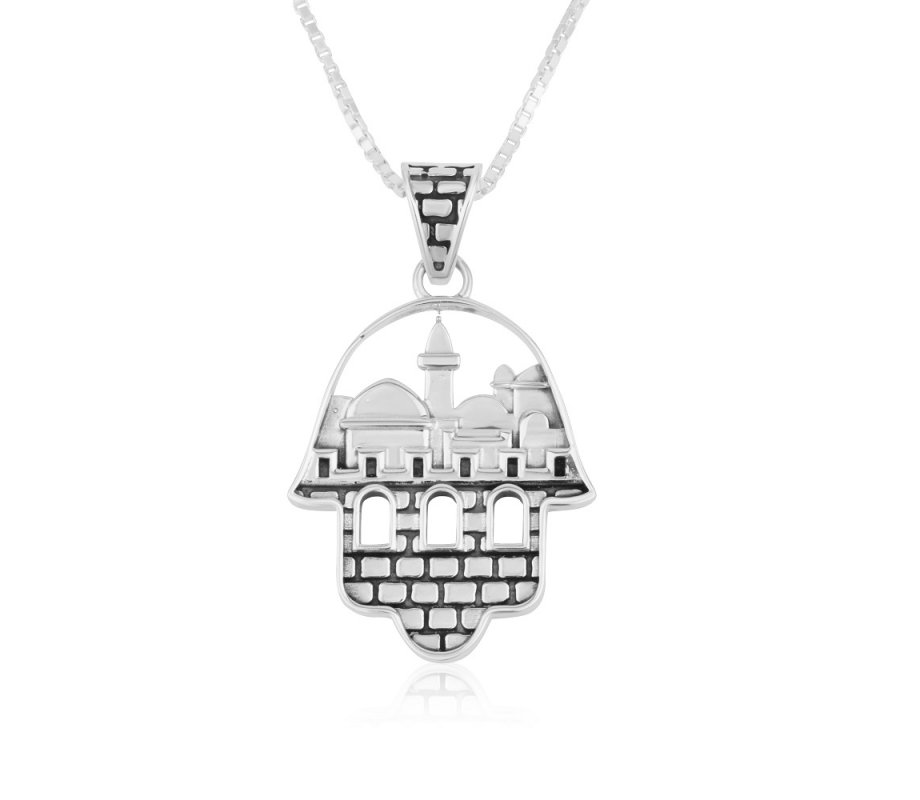 Sterling Silver Pendant Necklace - Jerusalem Images on Palm of Decorative Hamsa