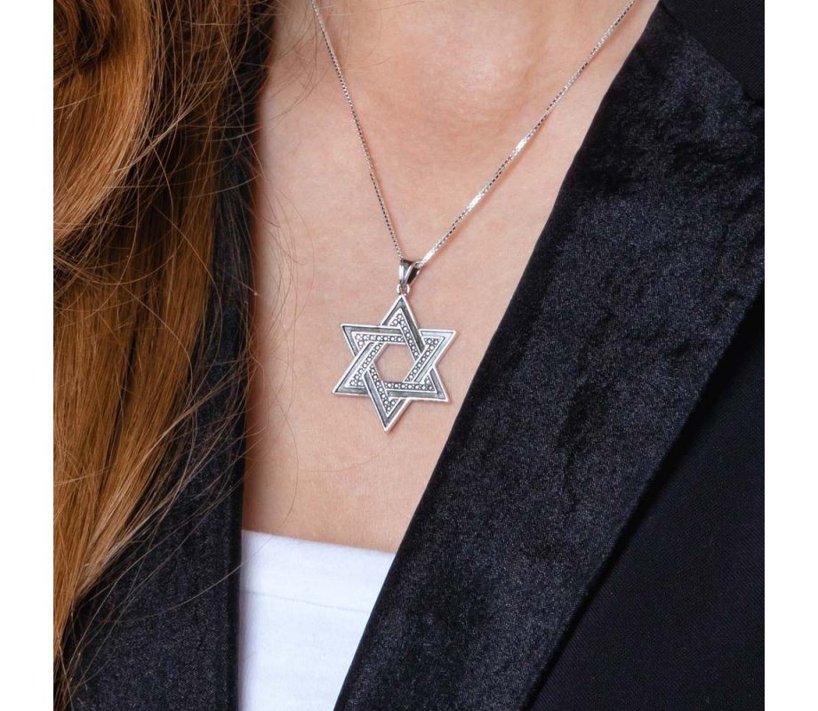 Sterling Silver Pendant Necklace - Large Star of David With Dark and Light Silver